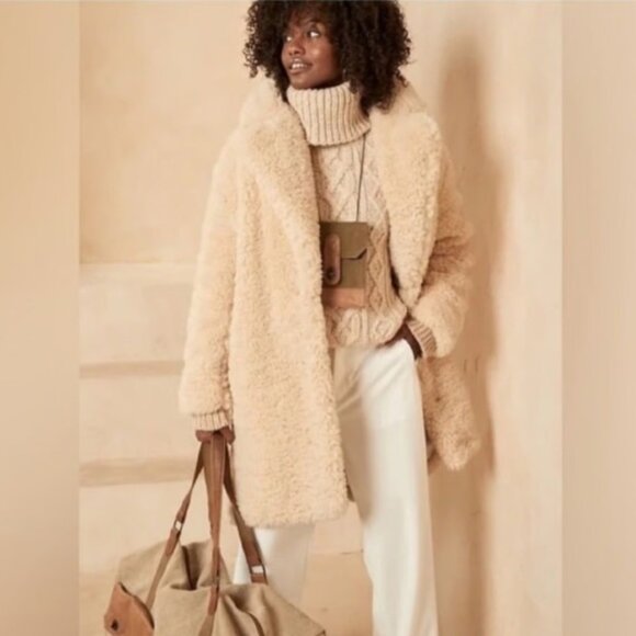 Banana Republic Womens Oversized Sherpa Cocoon Coat One Button Ivory Large - Picture 1 of 7